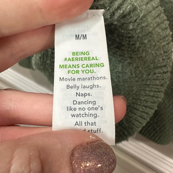 Aerie Unreal Striped Polo Oversized Sweater in Sage Green & White Size Medium - Picture 7 of 8